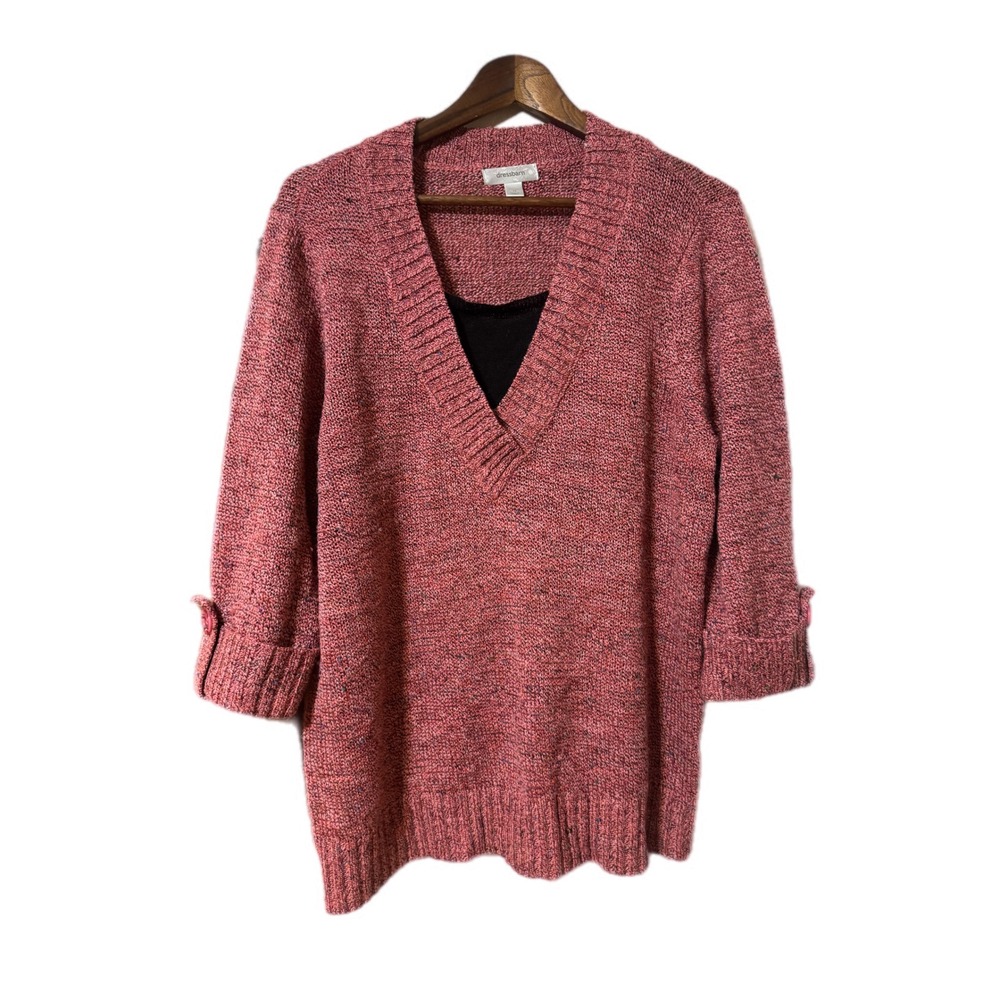 Dressbarn V-Neck Sweater Women 1X Pink Excellent Marled Layered Look Knit Top